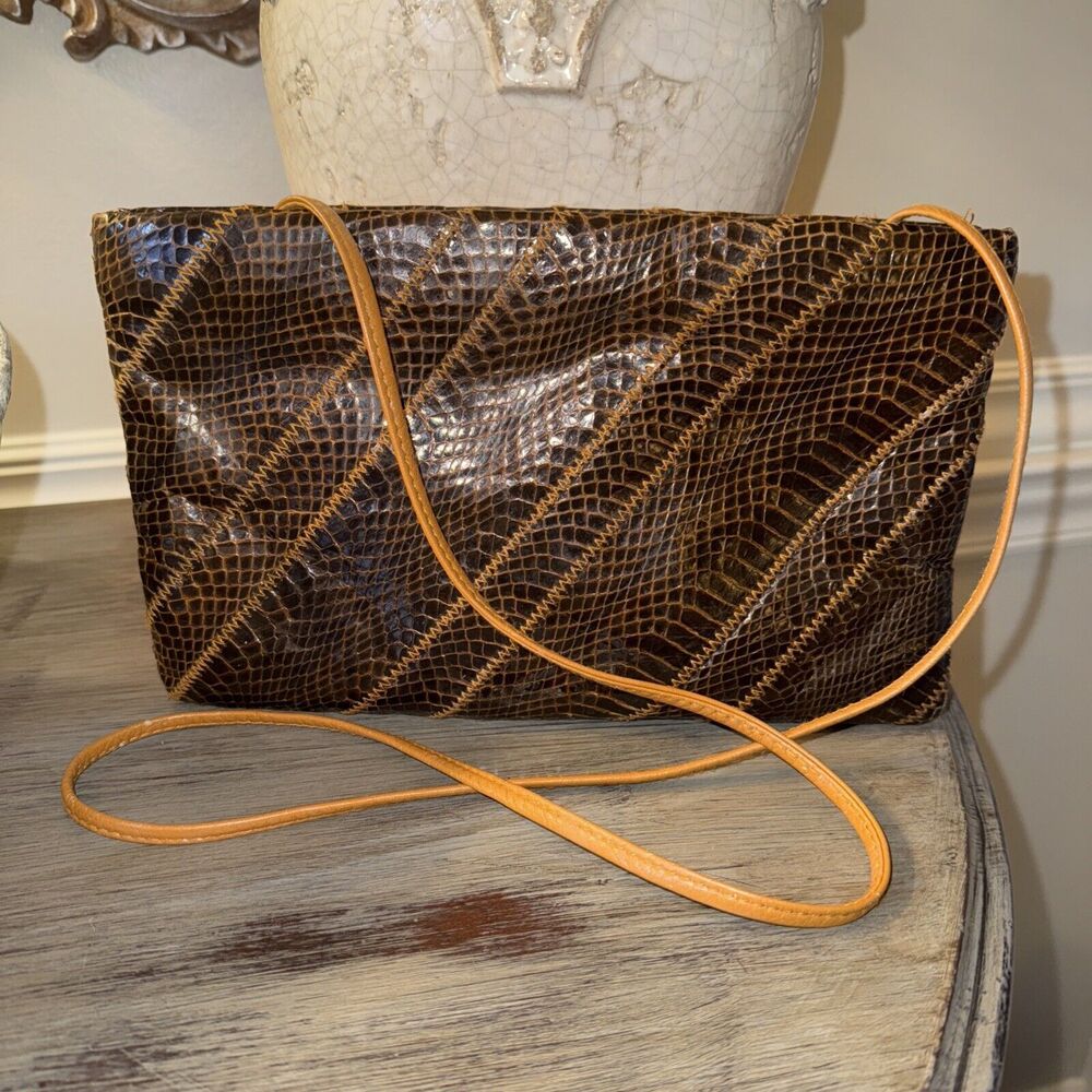 Vintage 80's Ronay Brown Genuine Snake Skin Leather Hinged Clutch with Strap